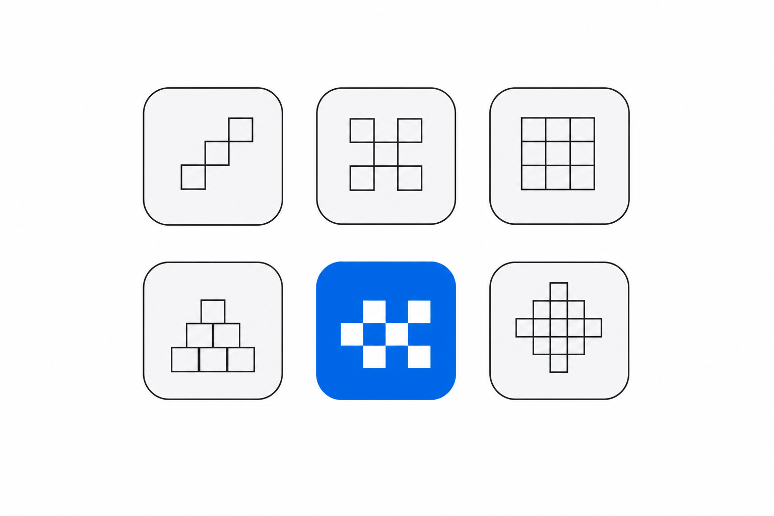 Pixel art of six tool tiles with abstract glyphs, one glowing brighter than the rest