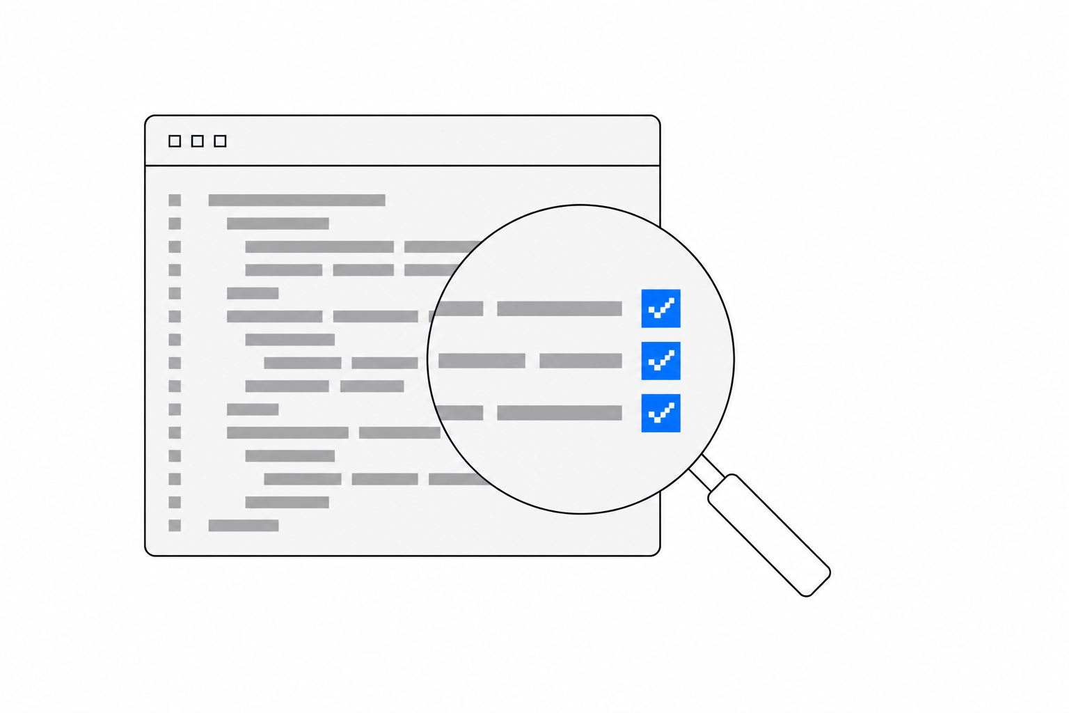 Pixel art of a magnifying glass over code blocks revealing a security shield with a checkmark