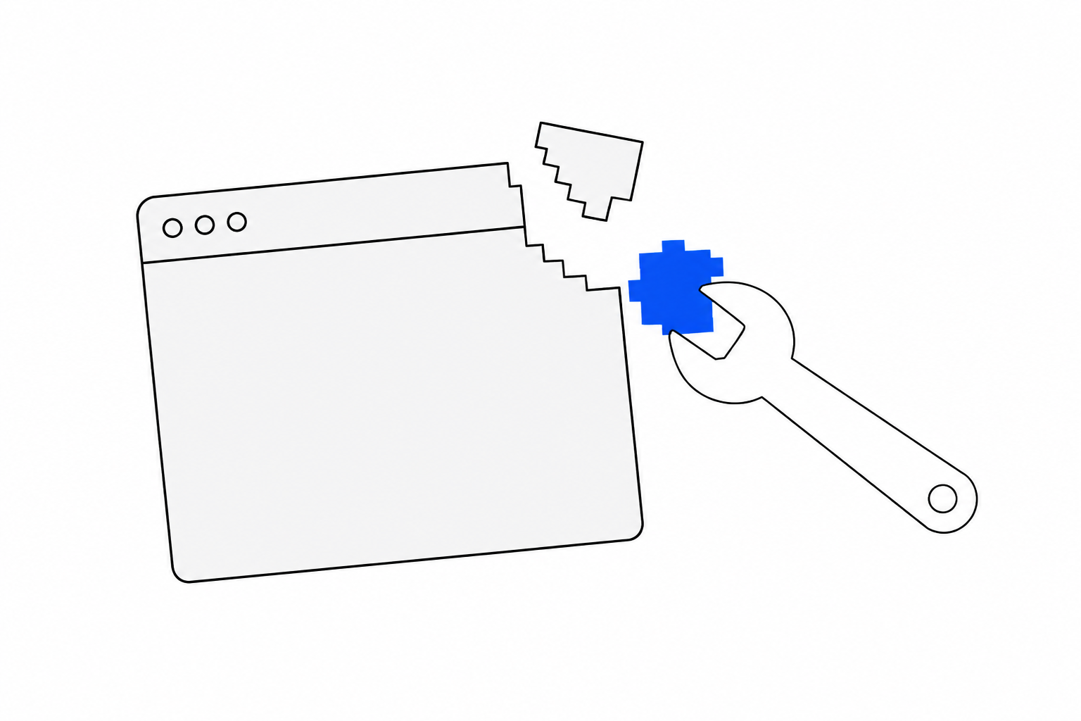 Pixel art of a cracked app window mended with glowing stitches, a wrench beside it