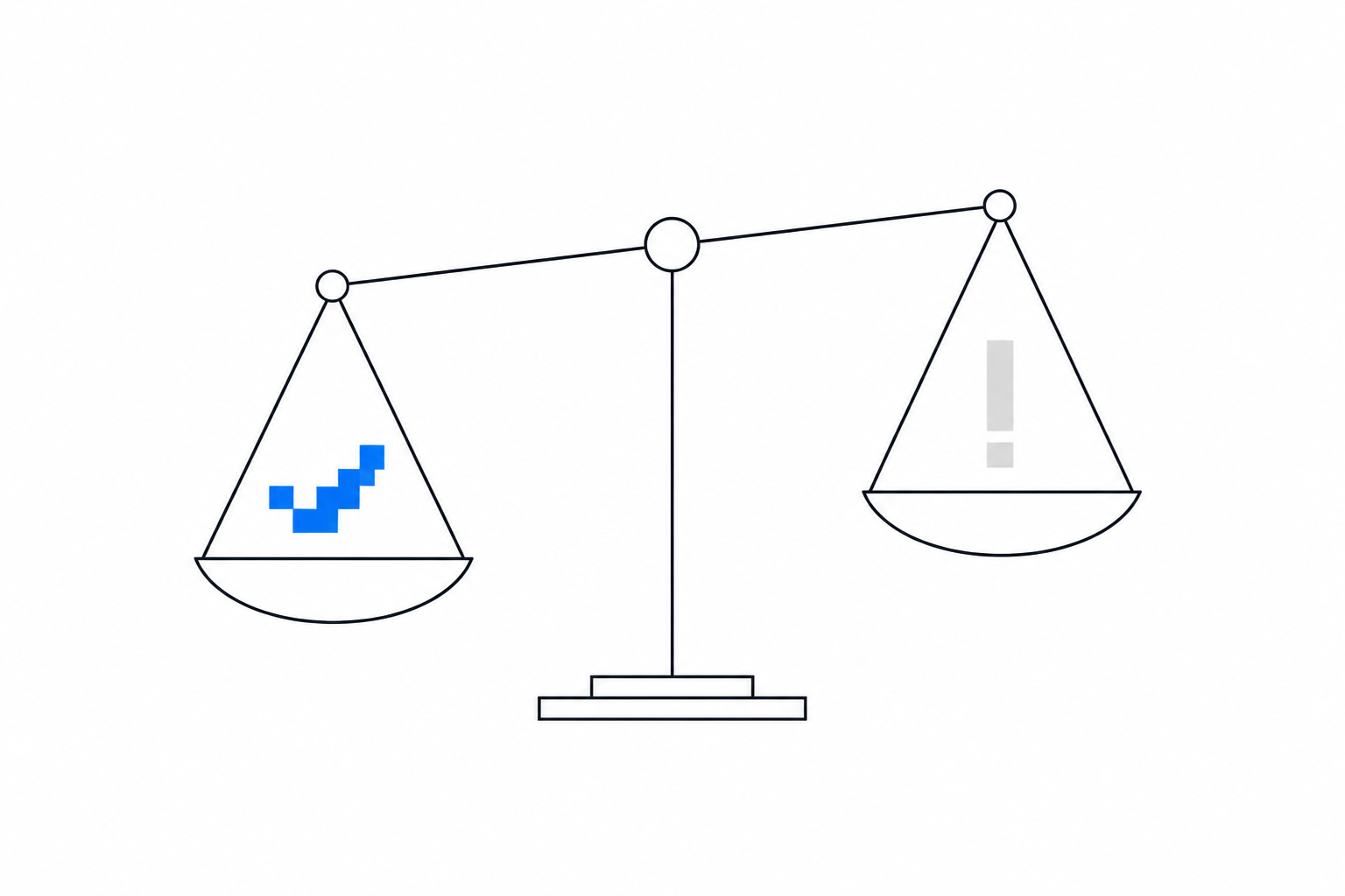Pixel art of a balanced scale weighing a glowing cube against a tangle of wires